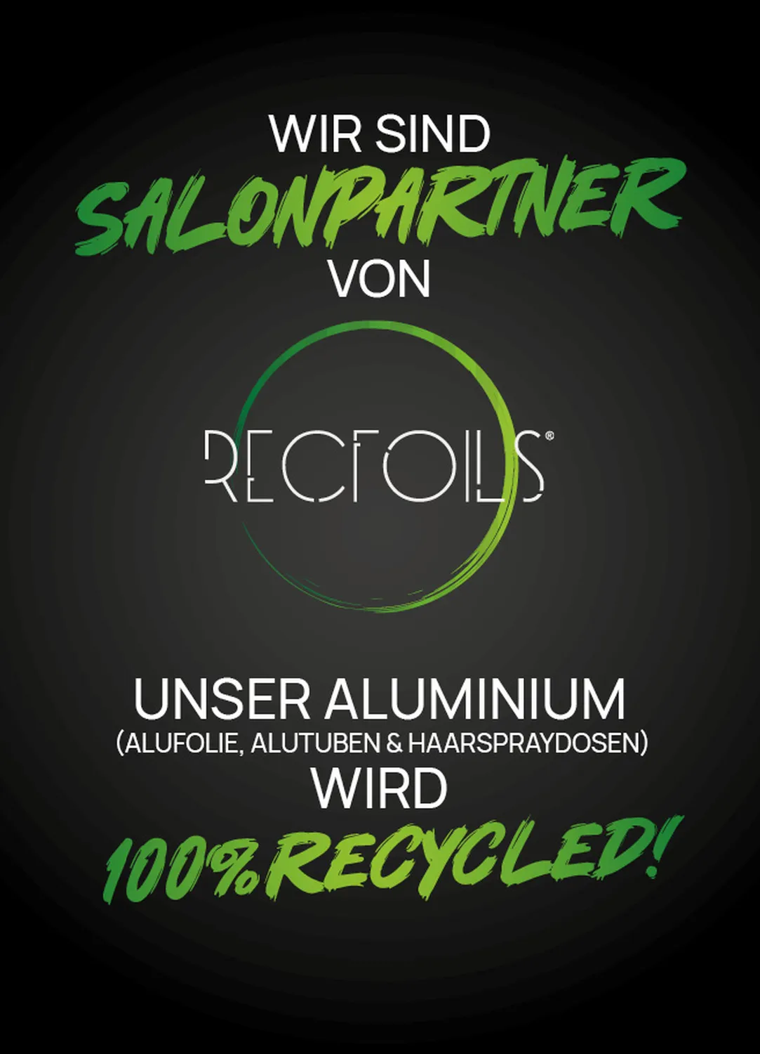 Lukas Ramolla – Friseursalon – Dieses Bild kündigt eine Partnerschaft mit Recfoils an, einem Unternehmen, das sich auf nachhaltige Aluminiumprodukte für Friseursalons spezialisiert hat.